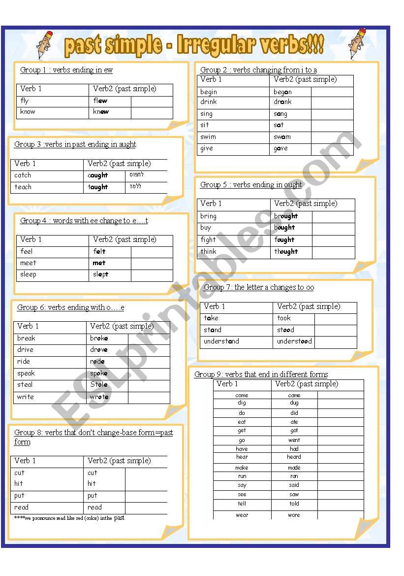 irregular verbs-past simple- list in groups +exercise -2 pages
