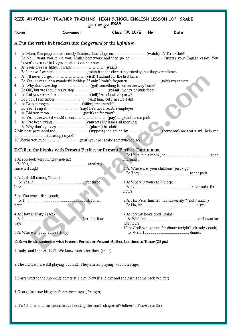 exam worksheet