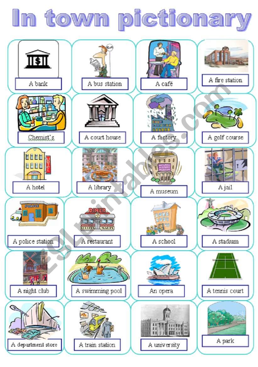 Places in a town pictionary worksheet