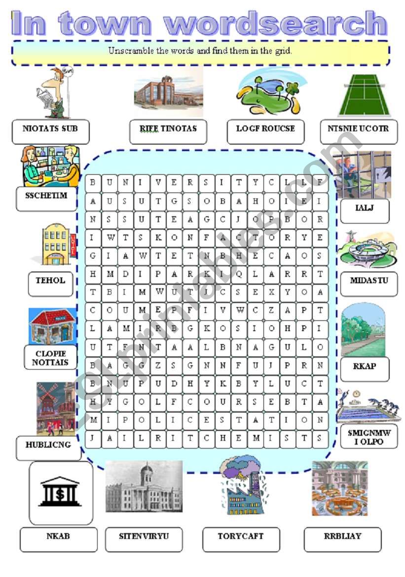 In a town wordsearch worksheet