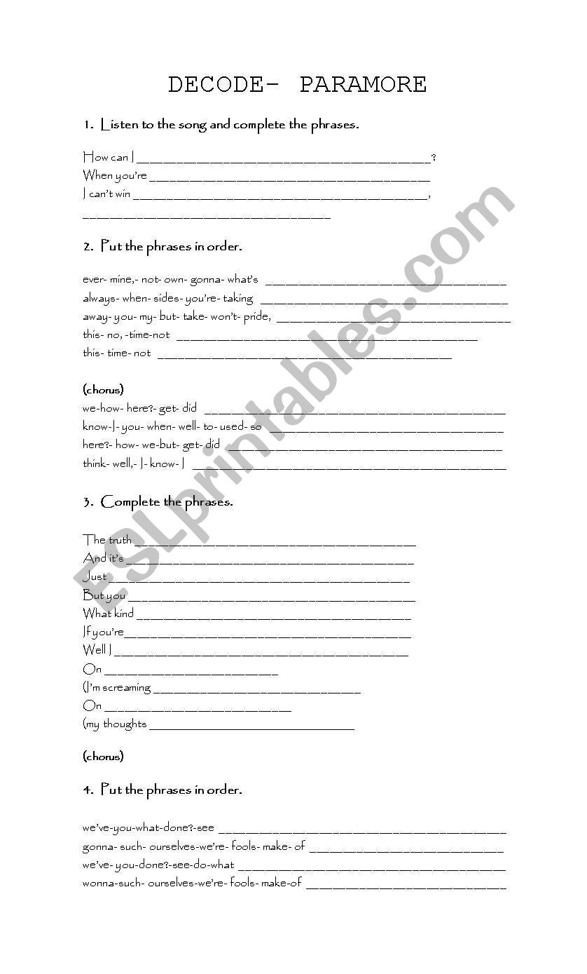 Decode, song by Paramore worksheet
