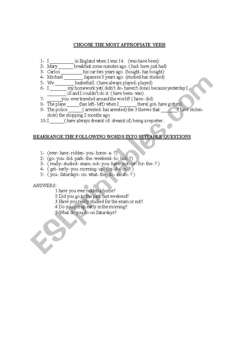 past simpre vs past perfect worksheet