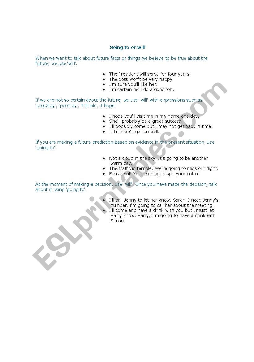 will or goint to  worksheet