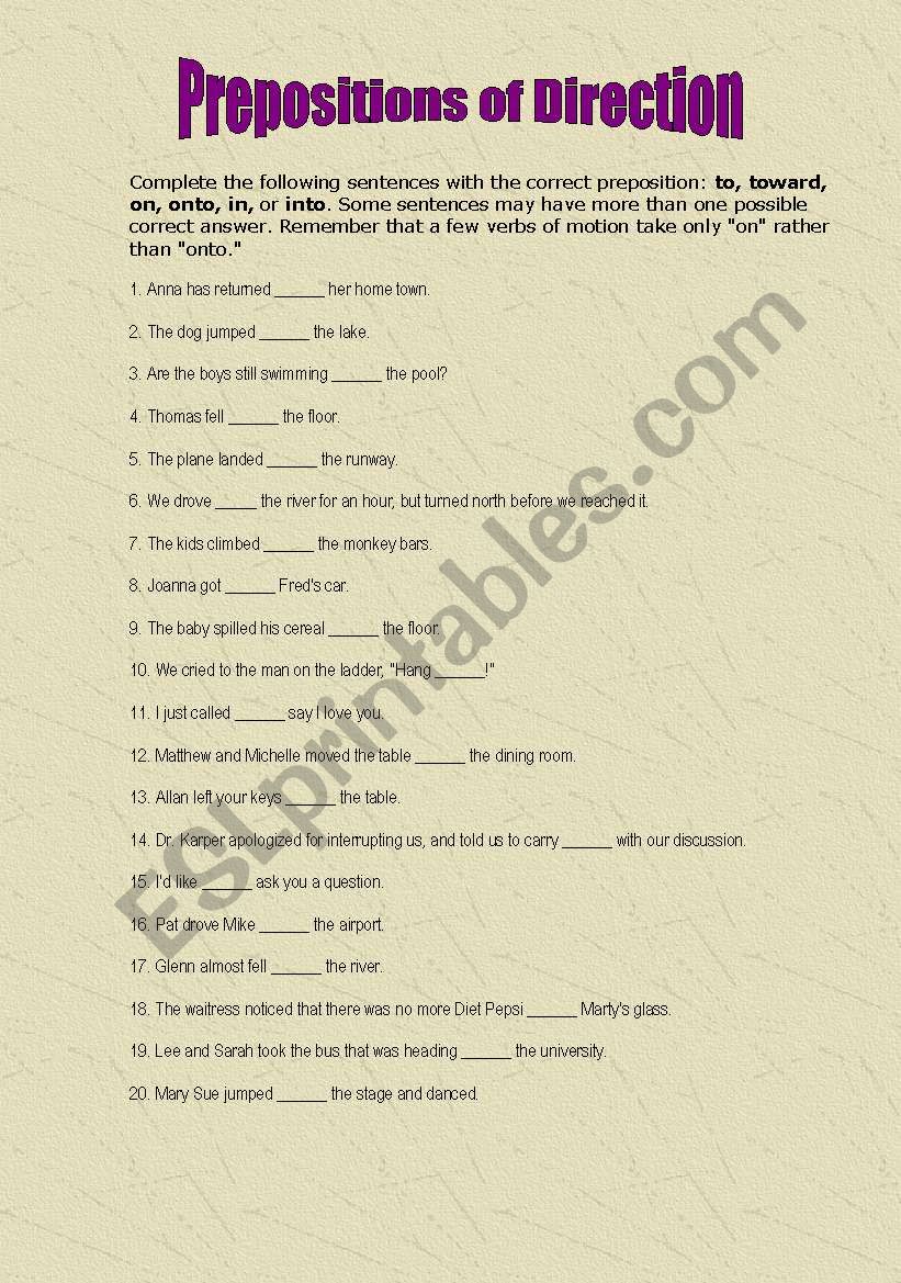 Prepositions of Direction worksheet