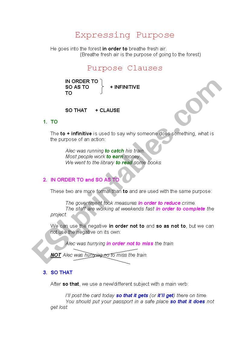 Purpose Clauses worksheet