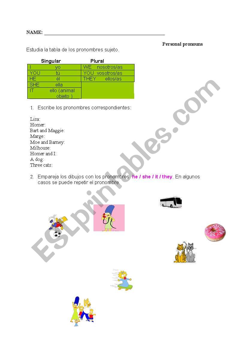 Personal Pronouns ( subject ) worksheet