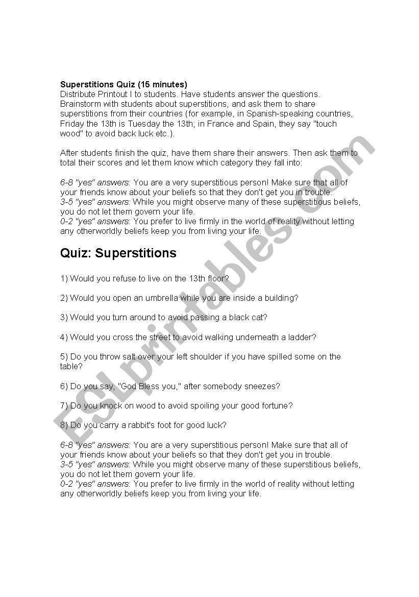 Superstition quiz worksheet