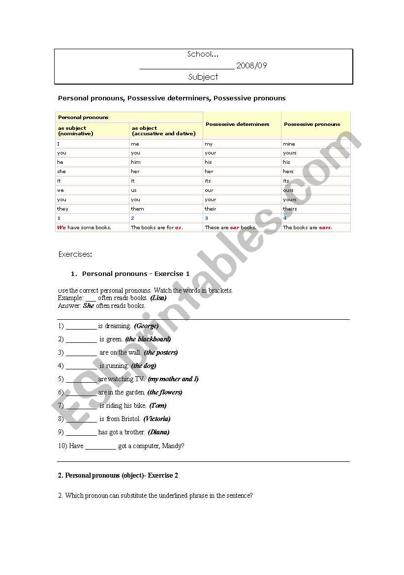 Pronouns and determiners worksheet