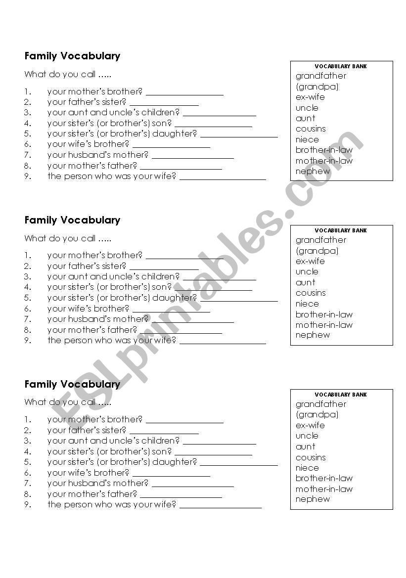 Family Vocabulary worksheet