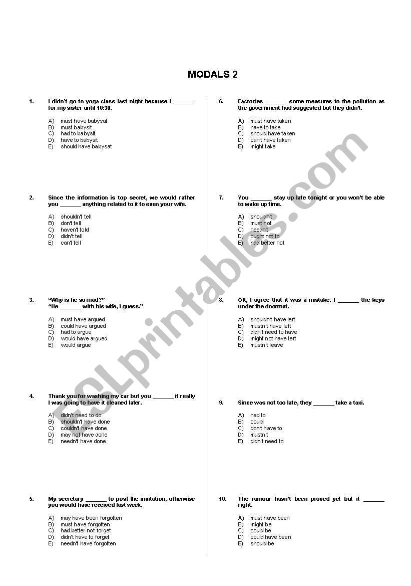 modals (test) worksheet