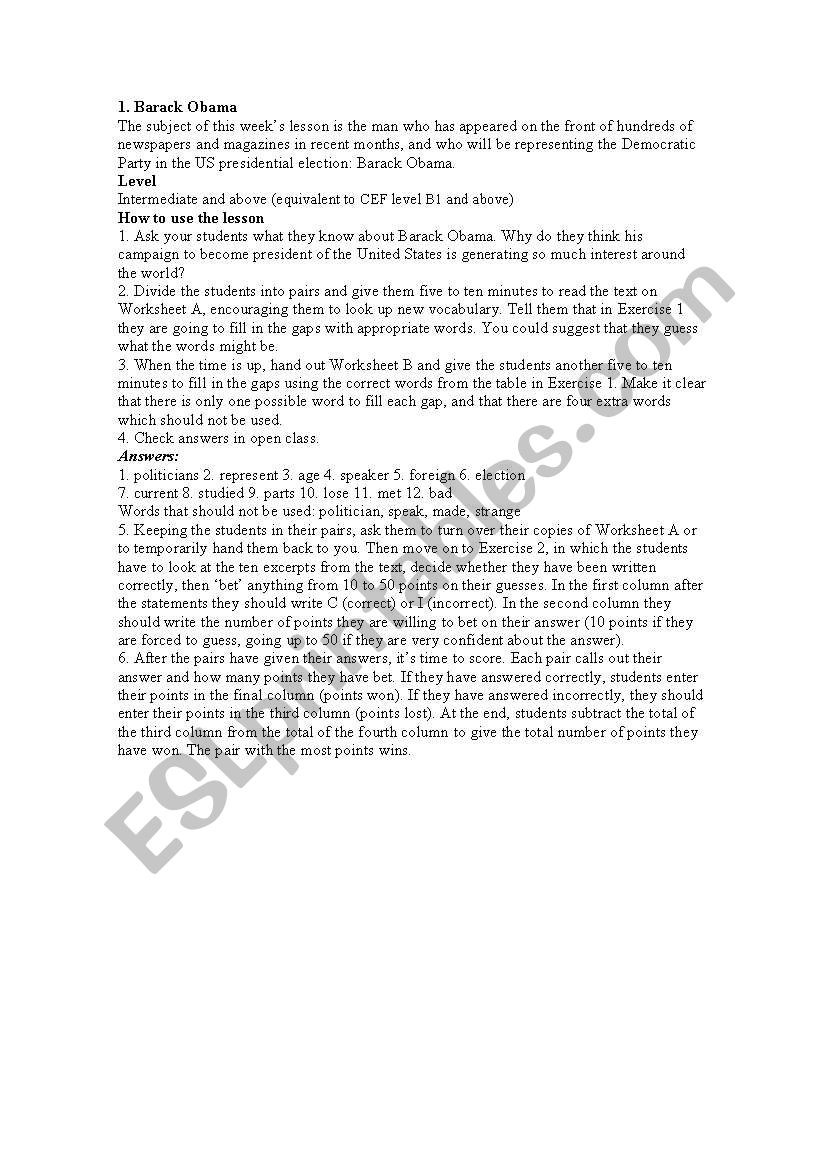 Worksheet about barack obama worksheet