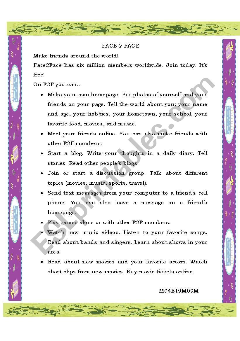 READING FACE 2 FACE worksheet