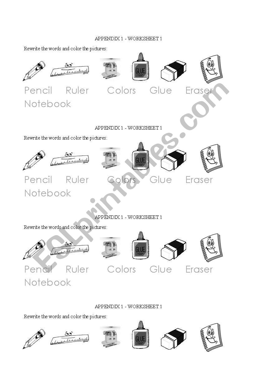 school supplies worksheet