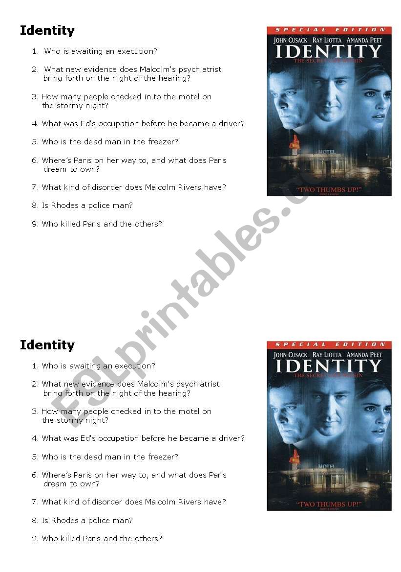 Identity worksheet