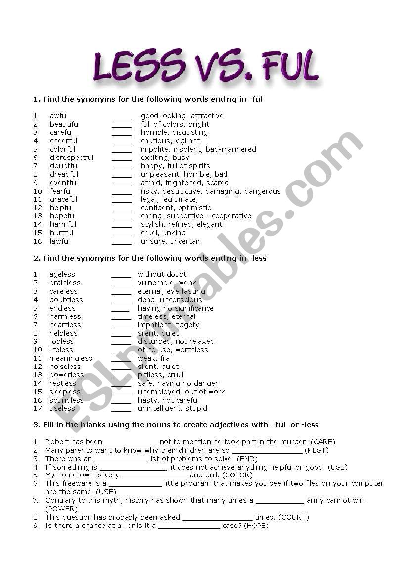 Less vs ful worksheet