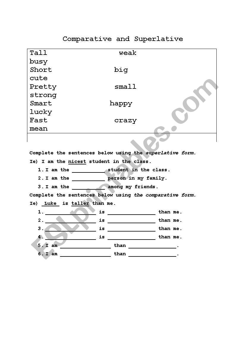 comparative and superlative worksheet