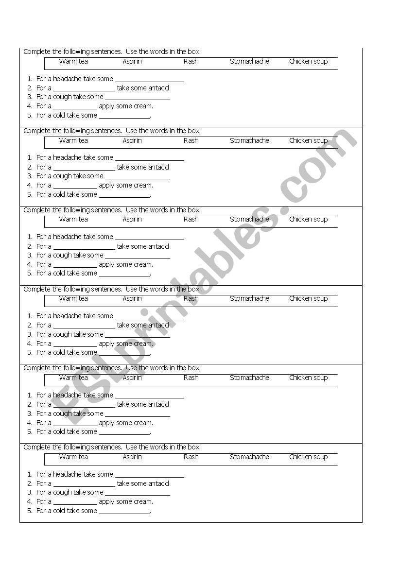 health problems worksheet