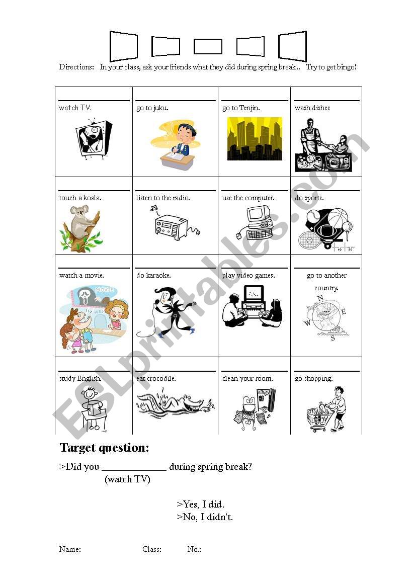 simple past bingo worksheet