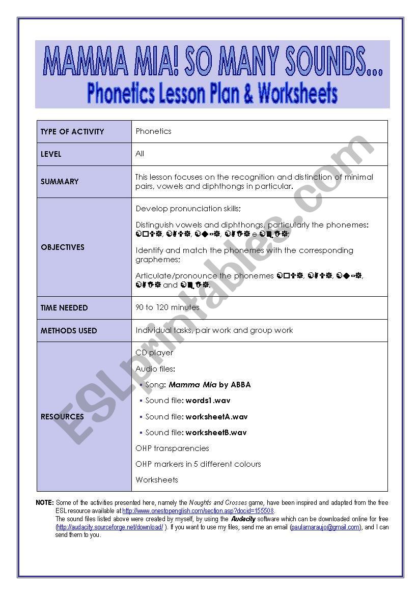 MAMMA MIA! SO MANY SOUNDS  Phonetics Lesson Plan & Worksheets (12 pages, key included)