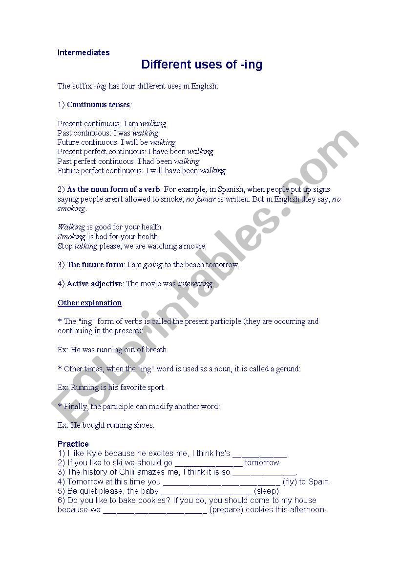 Uses of ING endings worksheet