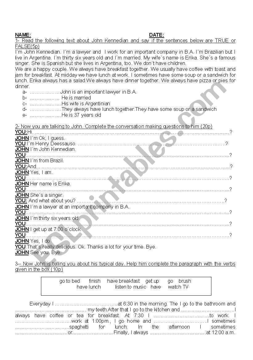 personal information -routine worksheet