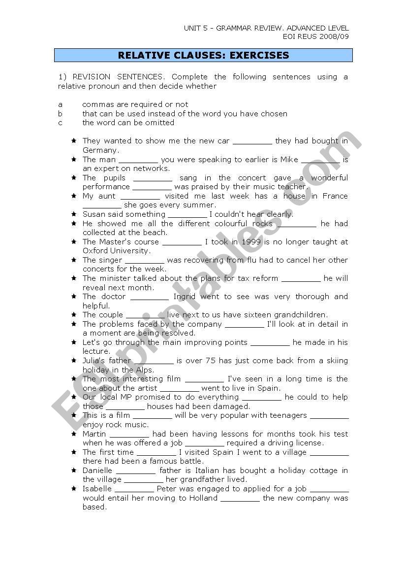 RELATIVE CLAUSES: EXERCISES worksheet