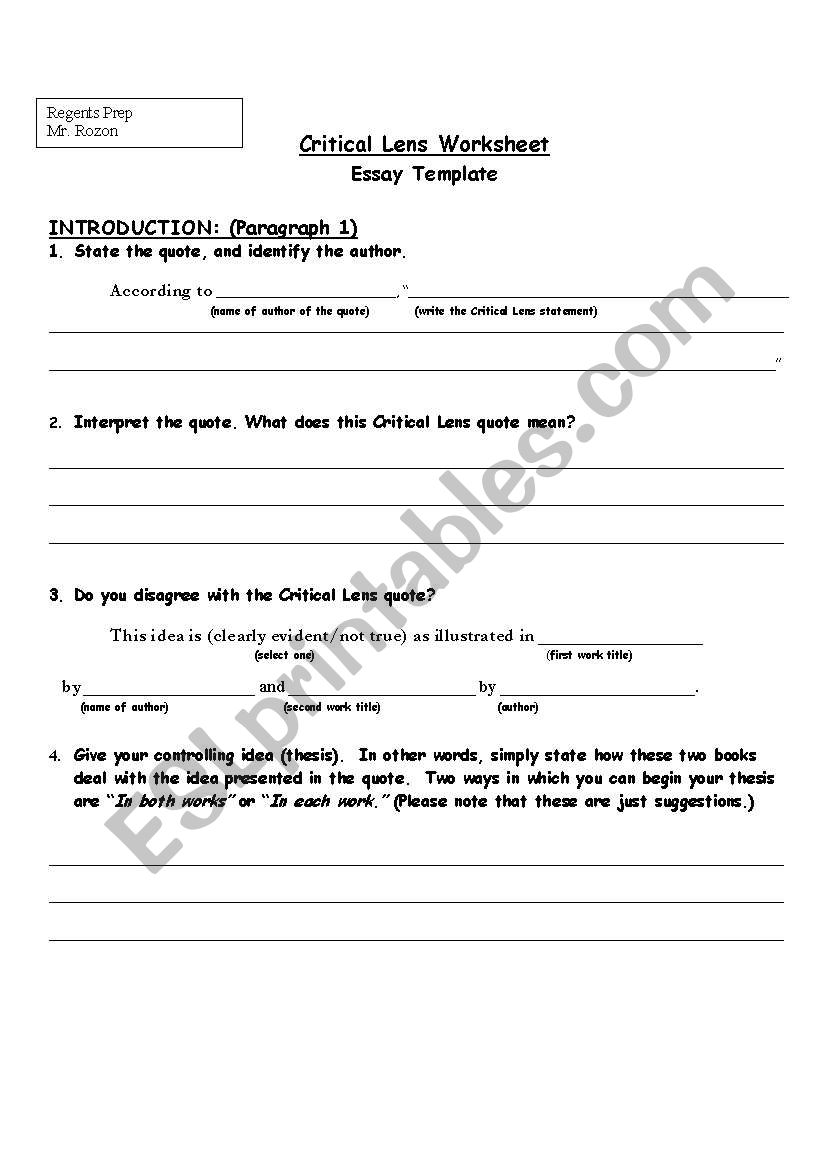 English worksheets: Critical Lens essay template