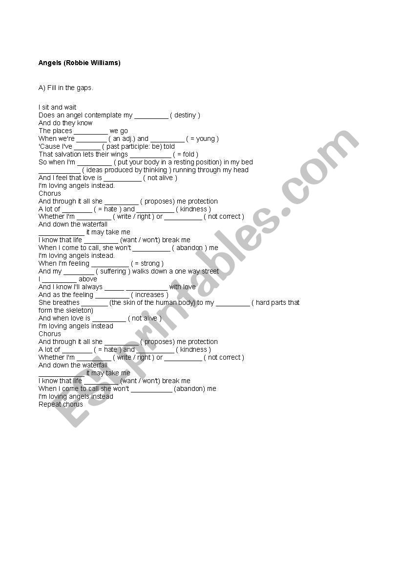 Song- Angels- Robbie Williams worksheet