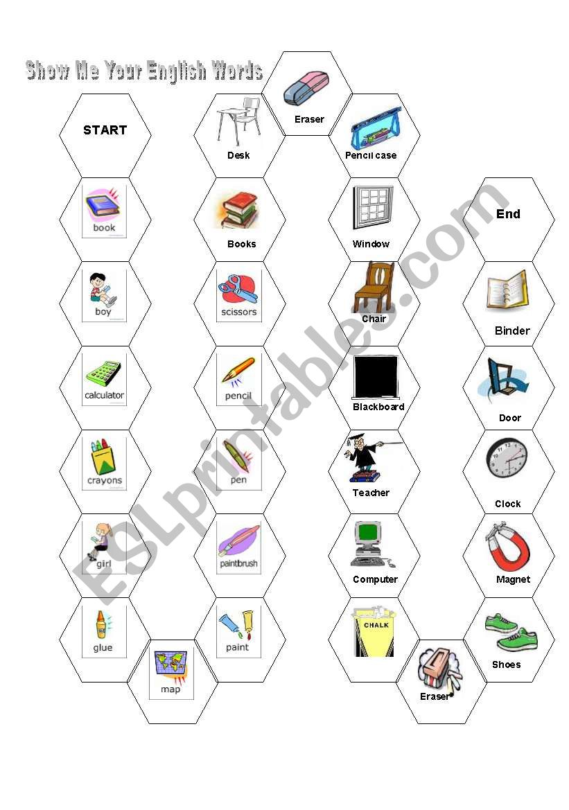 School Items Gameboard worksheet