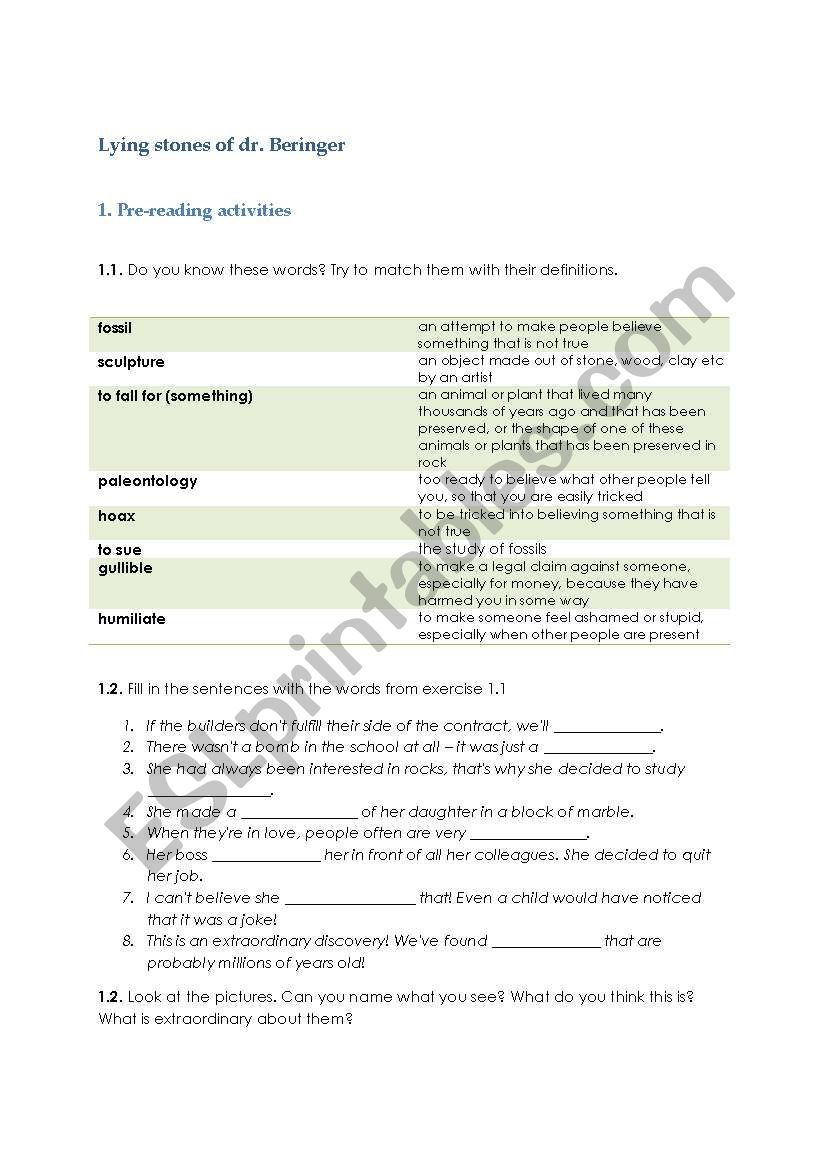 Dr. Beringers Lying Stones worksheet