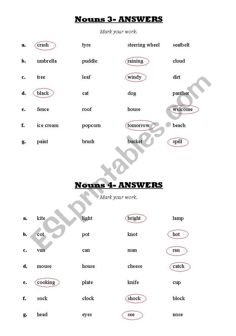 Answers- Circle the noun worksheet