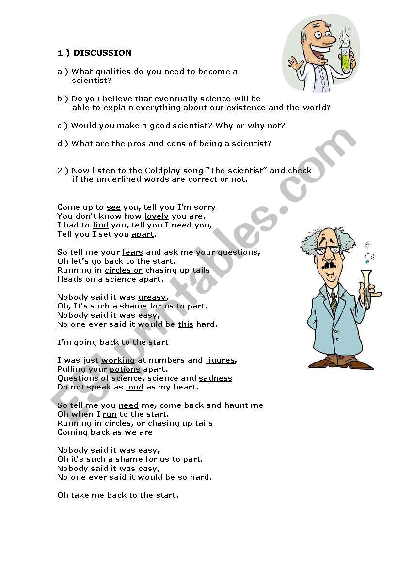 The Scientist by COLDPLAY worksheet