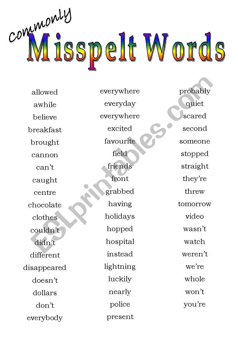 Commonly misspelt words worksheet