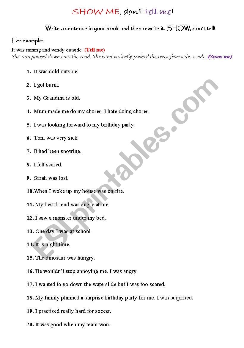 Show me dont tell me! worksheet