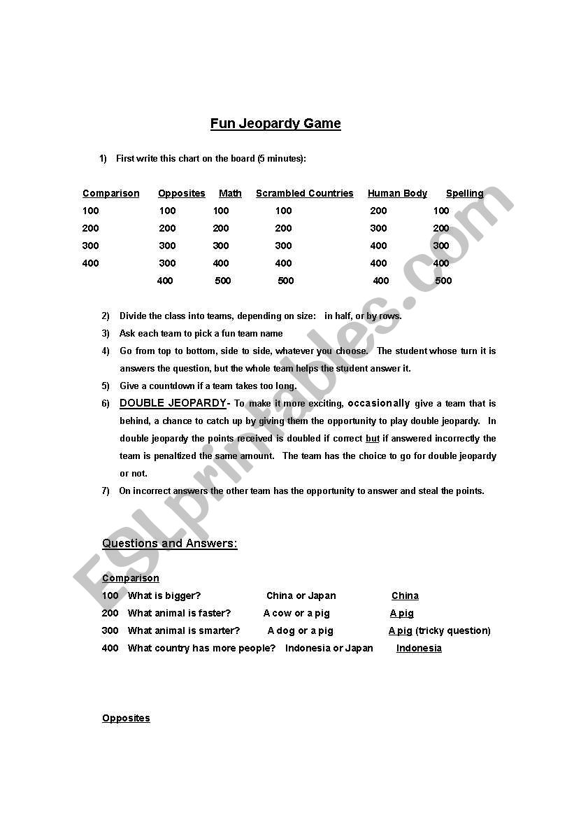 Fun Jeopardy Game! worksheet