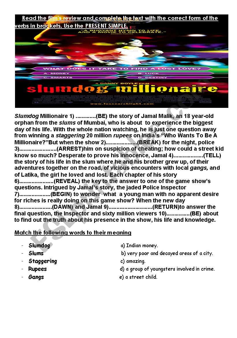 Slumdog Millionaire: present simple and vocabulary.