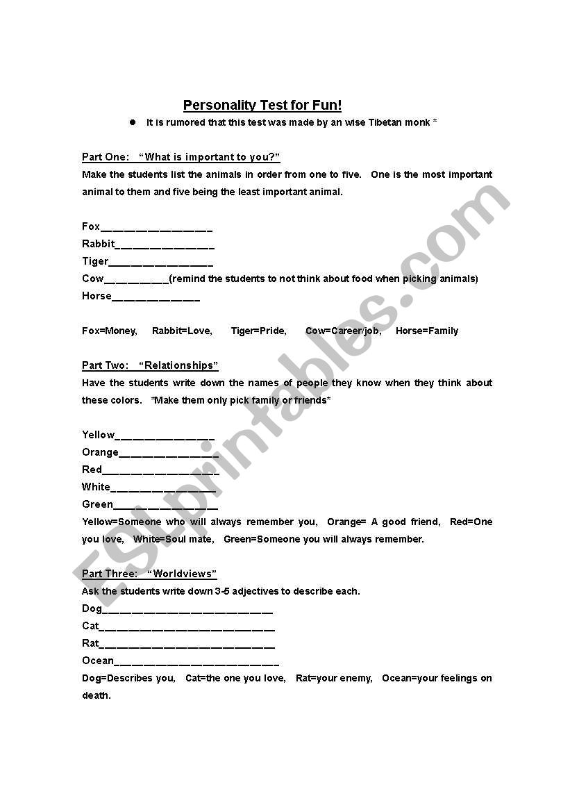 Personality Test for Fun worksheet