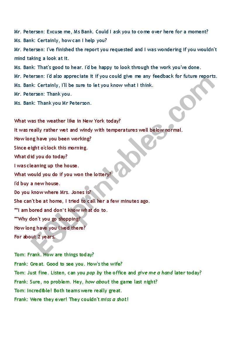 conversations for adult ESL worksheet