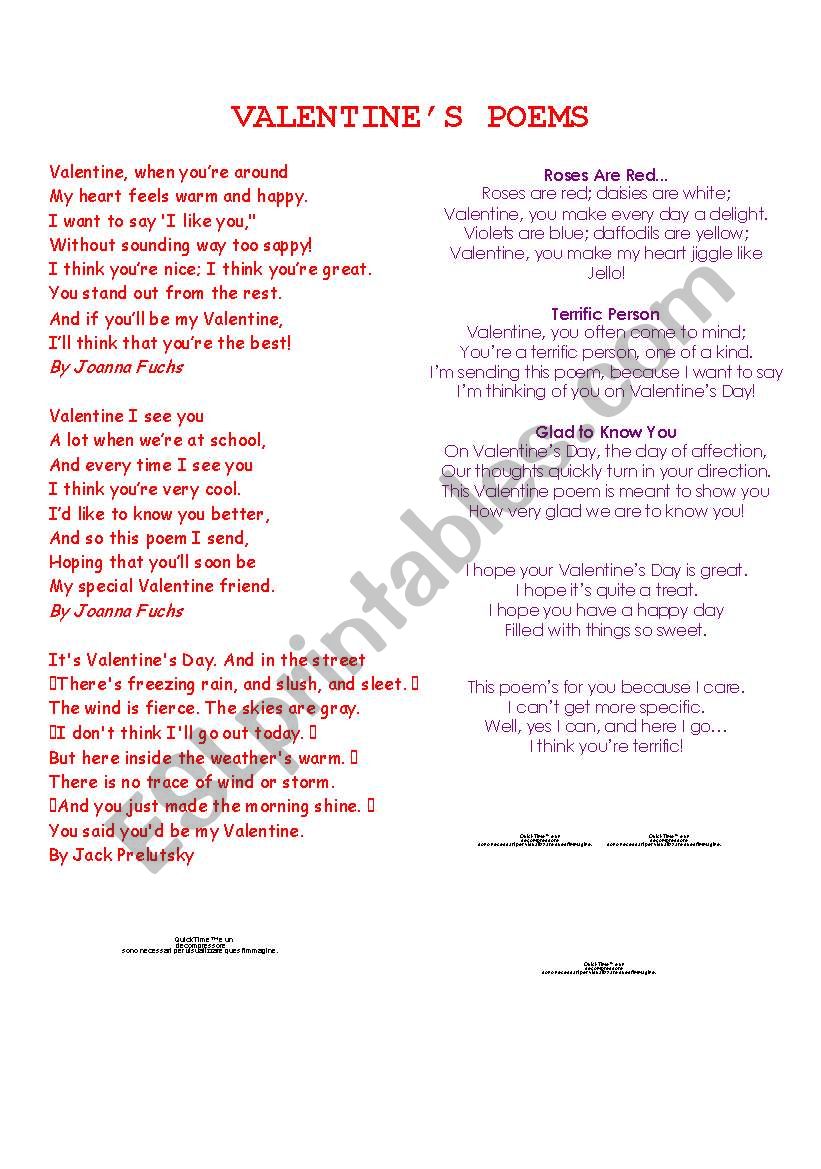 Valentines Poems worksheet