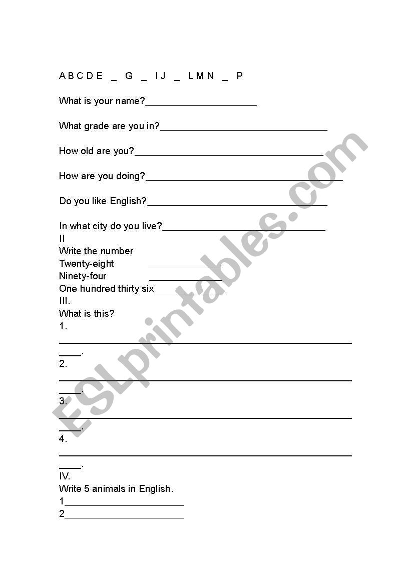 ESL ABC Test worksheet