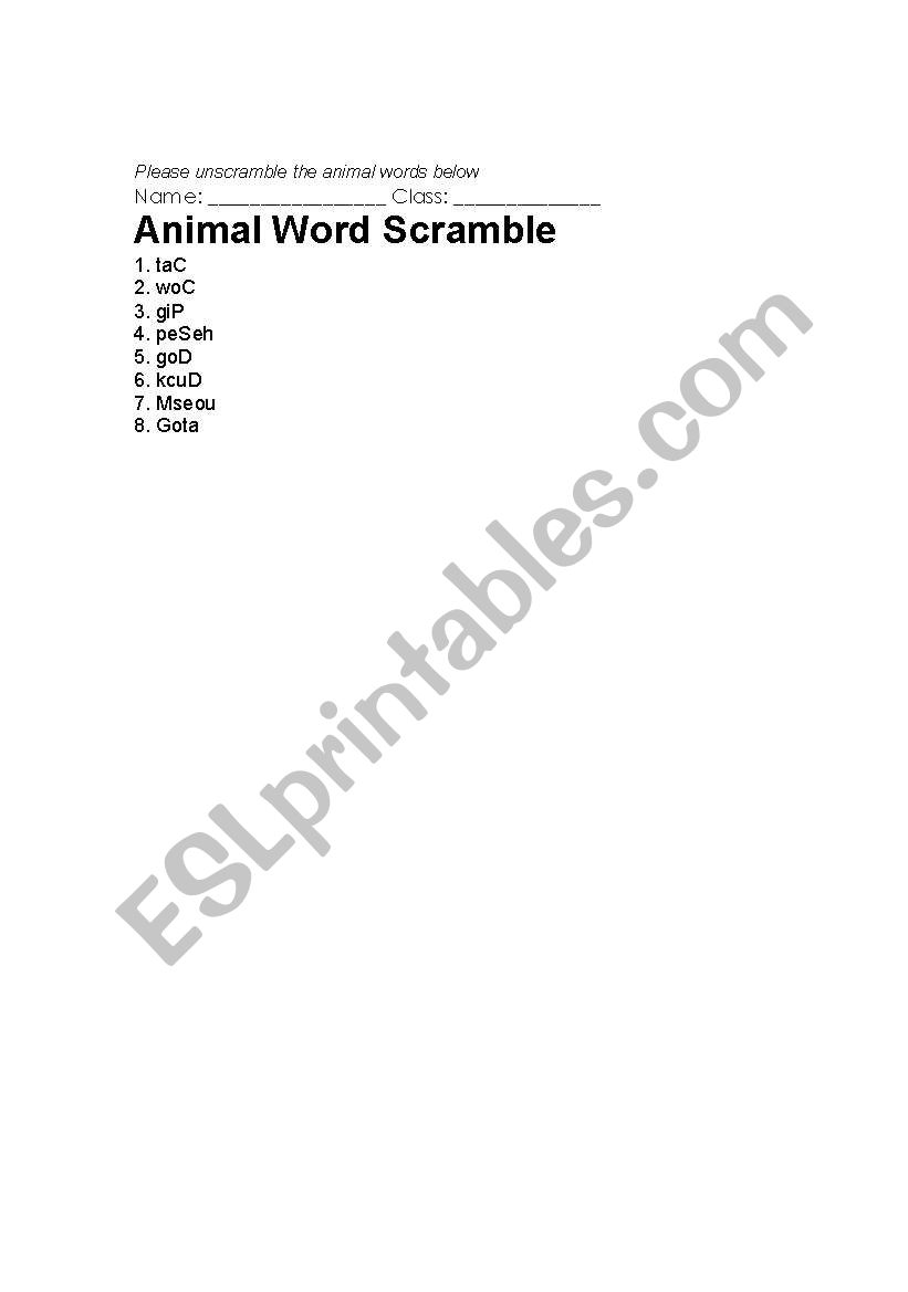Animal Word Scramble worksheet
