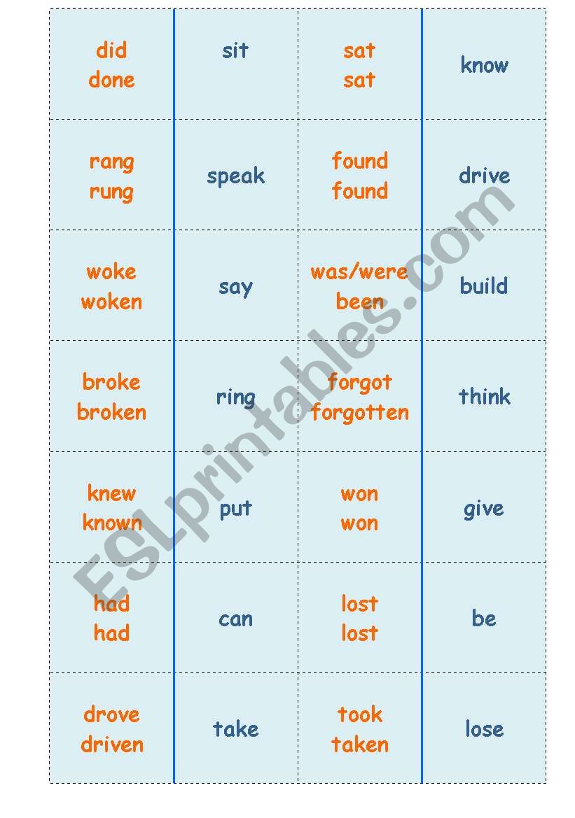 Irregular verbs domin worksheet