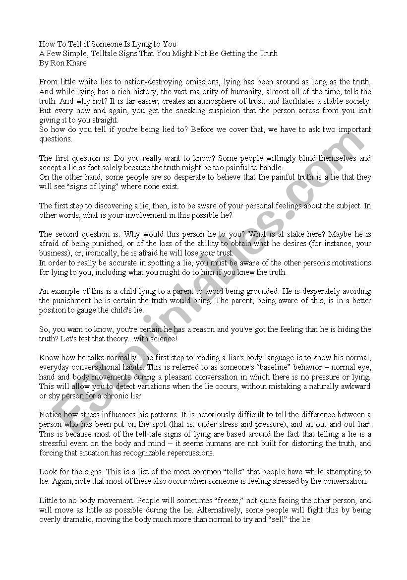LYING worksheet
