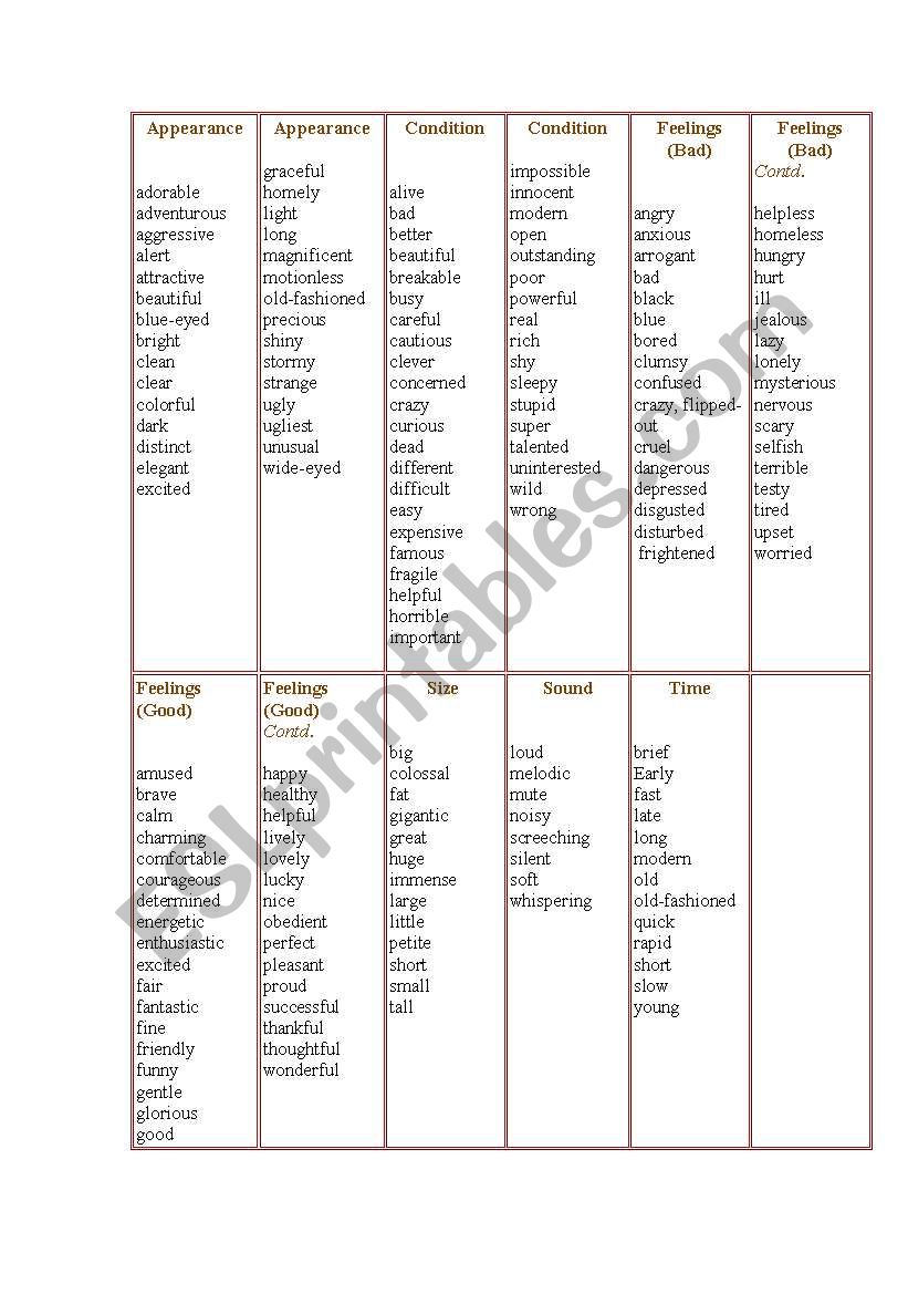 Adjective list worksheet