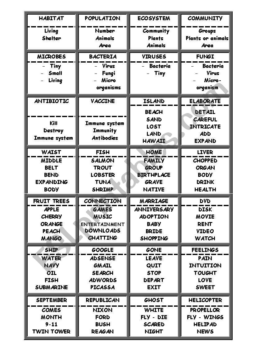 taboo game cards worksheet