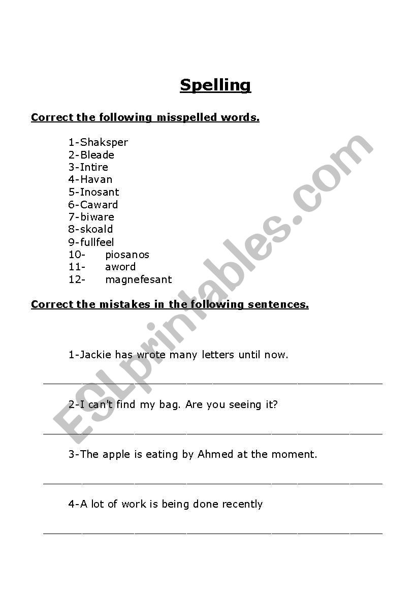 spelling and error correction worksheet