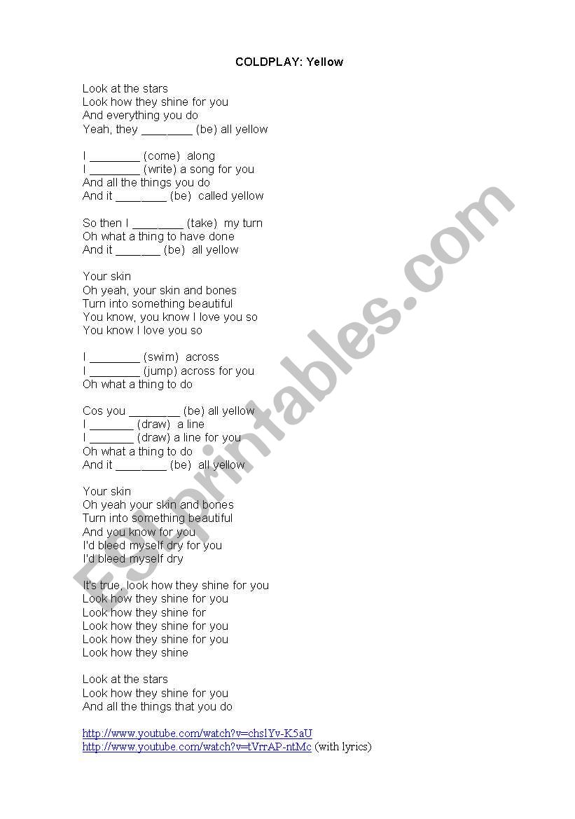 song Yellow by coldplay worksheet