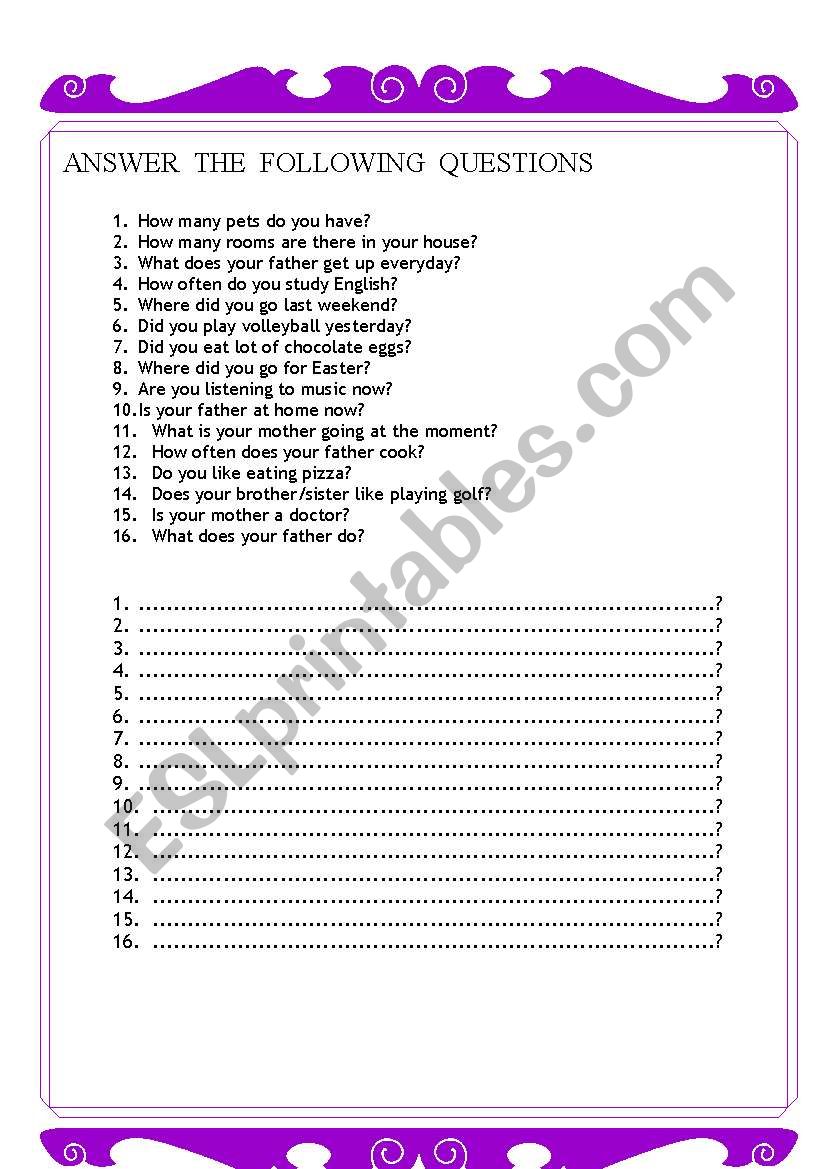 Questions worksheet