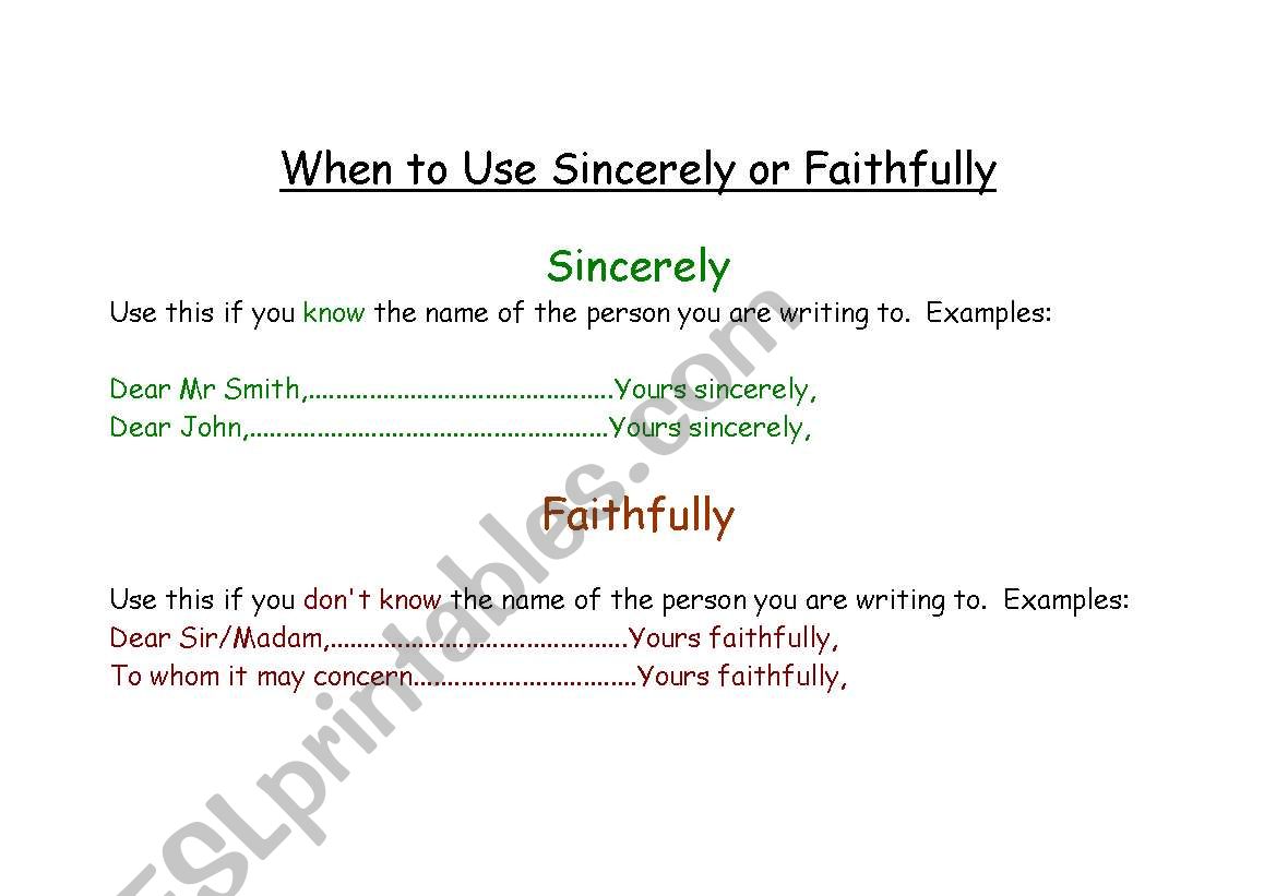 Sincerely or Faithfully worksheet
