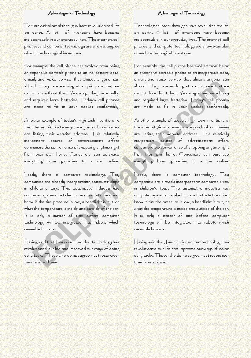 Advantages of technology worksheet